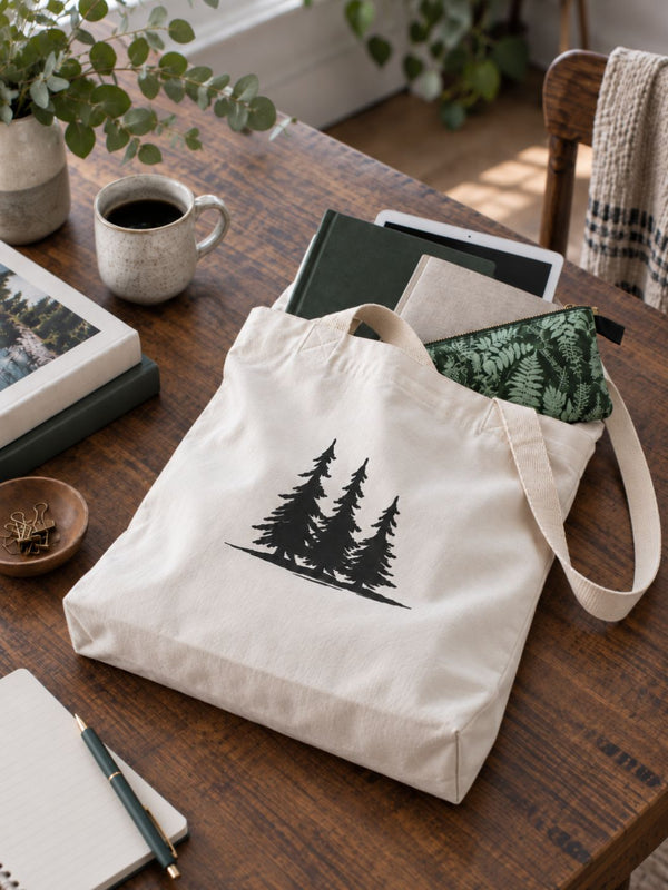 A natural white canvas tote bag with a black pine tree graphic sits on a wooden table, styled with books, a mug, and a green patterned pouch - Spruce Trees Tote Bag from Spruce and Heron.