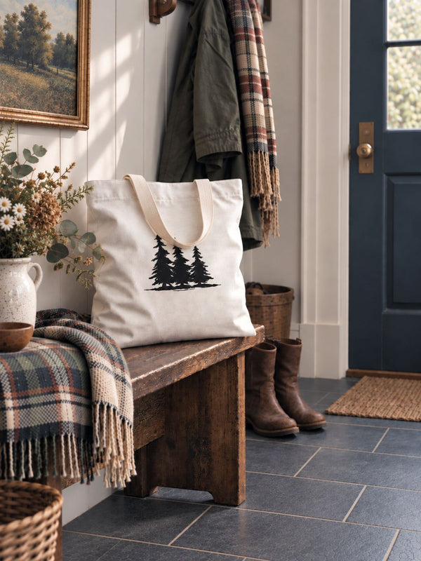 A cream canvas tote bag with black pine tree graphics sits on a rustic wooden bench in a styled entryway. The scene includes a plaid throw blanket, boots, a blue front door, and framed wall art.