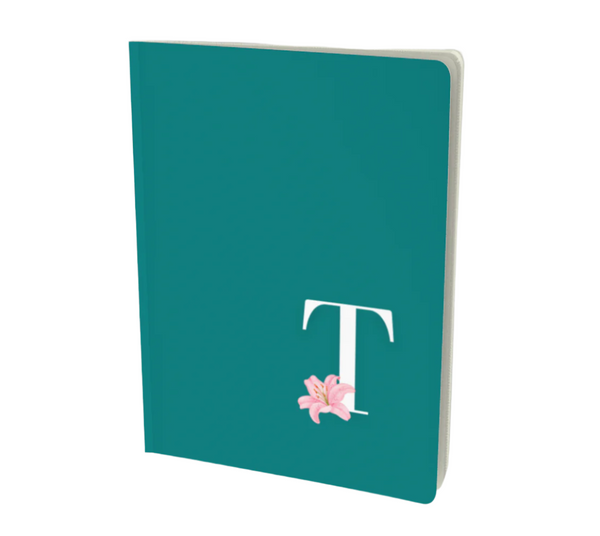 T monogram floral notebook in teal with a pink lily embellishment.