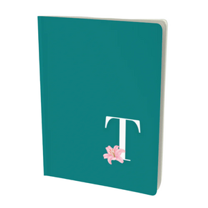 T monogram notebook in teal with a floral embellishment.