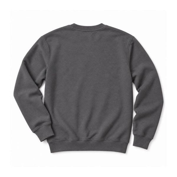 A dark gray crewneck sweatshirt shown from the back, laid flat against a clean white background.