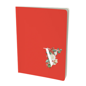 V monogram notebook in red with floral embellishment.