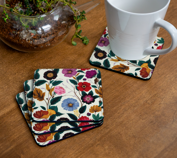 Vintage summer floral coaster pack with a white cup on a table - from Spruce and Heron.