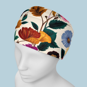 Floral patterned headband on a mannequin head against a white background - Vintage Summer Floral Headband from Spruce and Heron.