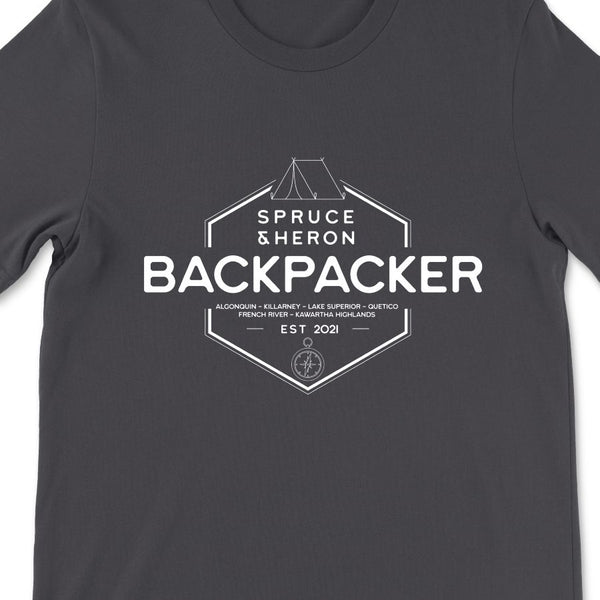 Backpacker T-shirt Design - unisex, 100% cotton t-shirt from Spruce and Heron